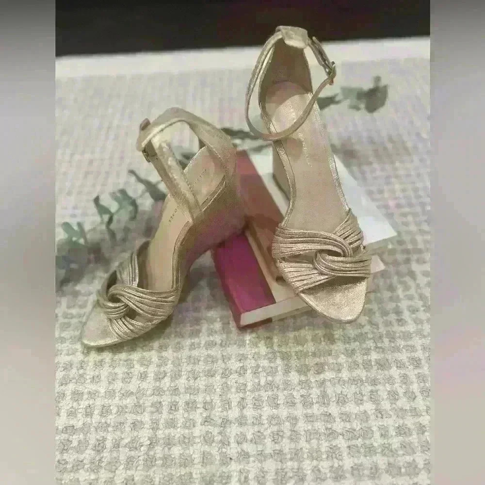 Loeffler Randall Metallic Gold Knotted Ankle-Strap Wedge Sandals